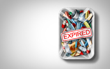 Expired medicine and expiration of prescription drugs or past expiry old medication health risk as a drug or pharmacy safety concept 