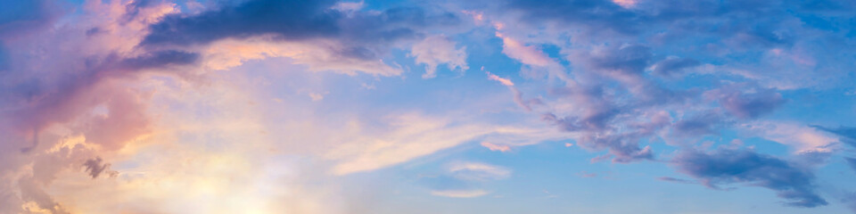 Dramatic panorama sky with cloud on sunrise and sunset time. Panoramic image.