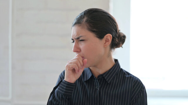 Sick Young Indian Woman Coughing, Throat Soar