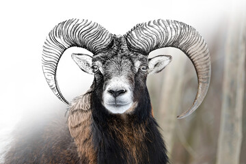 Hand drawing and photography mouflon combination. Sketch graphics animal mixed with photo - obrazy, fototapety, plakaty