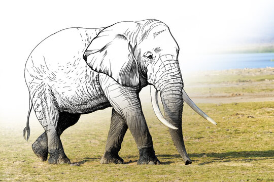 Hand drawing and photography elephant combination. Sketch graphics animal mixed with photo