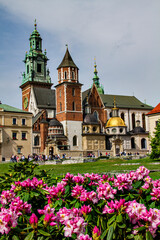 Beautiful Wawel Royal Castle with flowers in the foreground