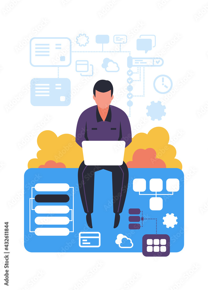 Poster Successfully organizing workflow. Time management concept. Man working with laptop. Effective job planning. Workers makes schedule of tasks and deadlines. Vector agenda optimization