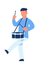 Fototapeta premium Drummer. Cartoon man playing drum. Male character marching with percussion musical instrument. Military parade or celebration performance music player. Vector musician bangs with sticks