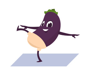 Eggplant. Cartoon vegetable doing fitness exercises. Sportsman raising hands and legs. Mascot standing in yoga asana on gymnastic mat. Home sport training. Vector dieting and workout