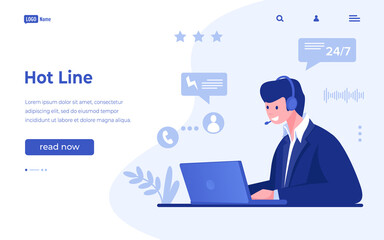Fototapeta na wymiar Hotline landing page. Customer support and feedback concept. Website interface mockup. Cartoon man answering clients calls. Operator helps to solve problems. Vector UI design with buttons