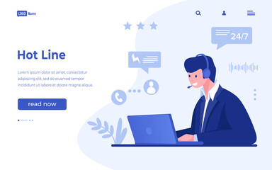 Hotline landing page. Customer support and feedback concept. Website interface mockup. Cartoon man answering clients calls. Operator helps to solve problems. Vector UI design with buttons