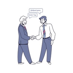 Multilingual people. Characters talking different foreign languages. Office worker greets interlocutor and shakes hands. Men with speech bubbles. Vector international communication