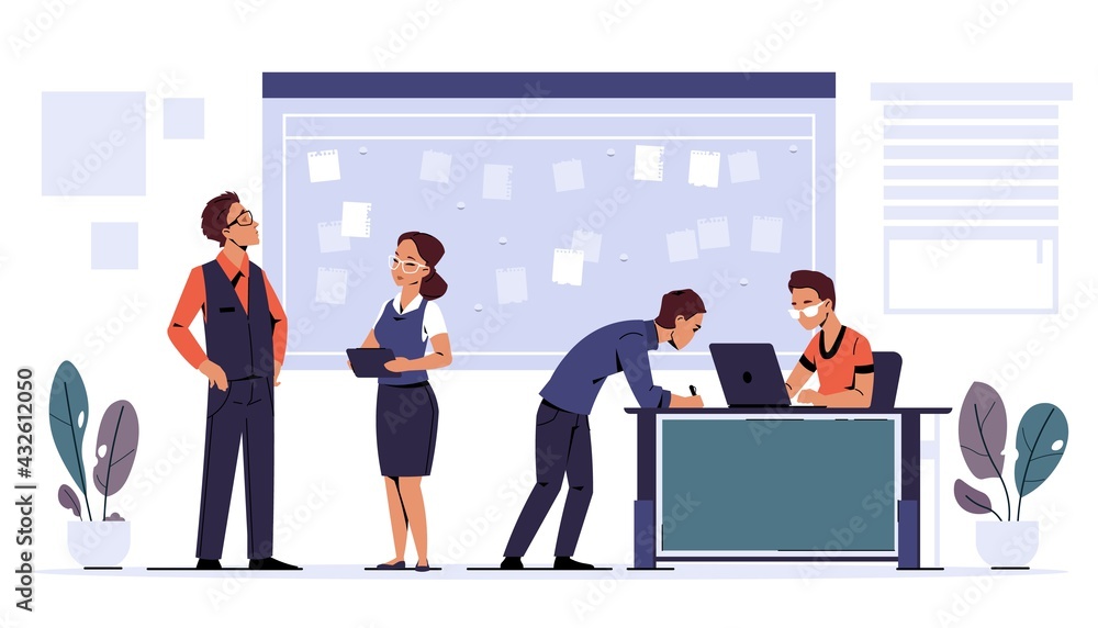 Poster Agile task board. Scrum methodology teamwork. People planning business projects. Brainstorming and briefing in office. Employees work together. Vector effective workflow organization