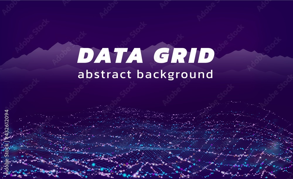 Aufkleber Technology background. Data stream and 3D cyber flow visualization mesh. Abstract grid with particles and flares. Relief surface and spiky silhouettes. Vector minimal futuristic banner