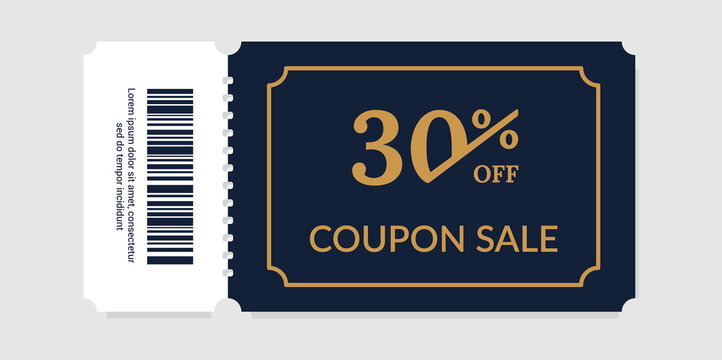 Sale Coupon. Realistic Discount Ticket Mockup Design. Special Offer Voucher With Tear Line And Barcode. Cardboard Tag. Square Card For Promotional Gift Events. Vector Shopping Flyer