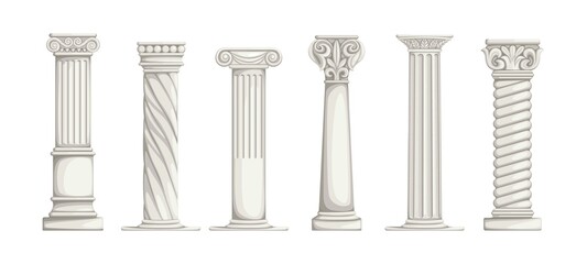 Roman pillars. White ancient Greek marble columns. Architecture elements set. Part of building with carved stone decorations. Antique colonnade. Vector types of ionic constructions