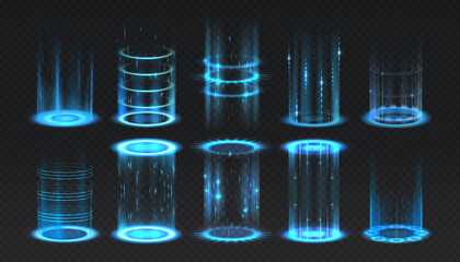 Realistic portal. Level up and teleportation process game effect, futuristic lighting and bright wrap aura. Glowing neon energy circles set. Vector vertical teleport with luminous beams