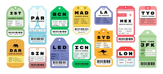 Airplane travel tags. Airport baggage tickets with stamps. Bright badges set for tourists luggage. Airline coupons from different cities. Vector labels with tear off line and barcode - obrazy, fototapety, plakaty