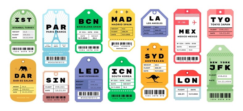 Airplane travel tags. Airport baggage tickets with stamps. Bright badges set for tourists luggage. Airline coupons from different cities. Vector labels with tear off line and barcode