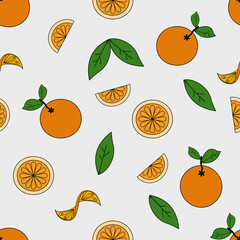 Whole oranges, orange slices and leaves on white seamless pattern