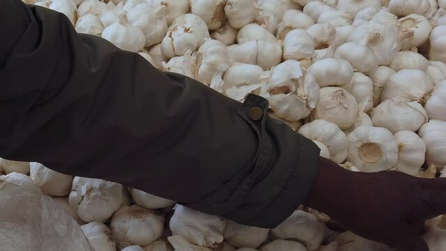 Slow motion zoom out of woman of african ethnicity selecting garlic bulbs, allium, sativum, from a market stall