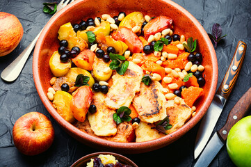 Autumn dessert with baked fruits and grilled cheese