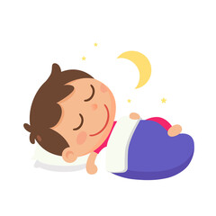 A boy sleeping on the bed at night in vector flat illustration style. Asleep.