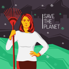 A girl stands with a rake for cleaning leaves. Motivation for preserving the nature of the planet with the inscription "Save the planet".