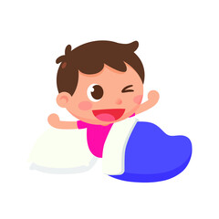 A boy wakes up on the bed at night in vector flat illustration style. Get up.