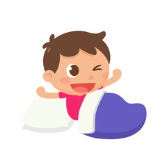 A boy wakes up on the bed at night in vector flat illustration style. Get up.