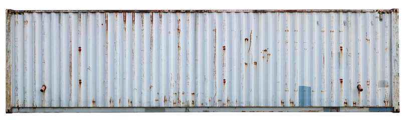 Fotobehang Muur van een staalgrijze oude roestige zeevrachtcontainer geïsoleerd © Aleksandr Volkov