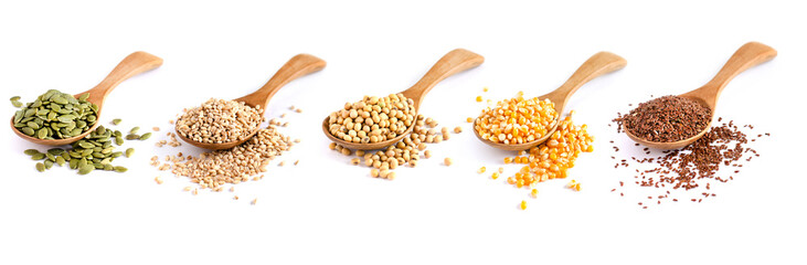 Collection of dry organic cereal and grain seeds in wooden spoon on white background consisted of pumpkin seeds, wheat, soybean, corn, and flax seeds - obrazy, fototapety, plakaty