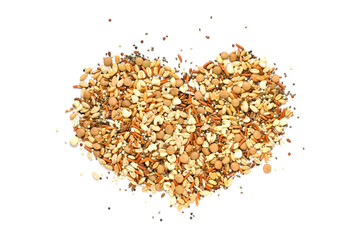 Mixed dry organic cereal and grain seeds in heart shape on white background, for healty food lover concept