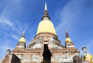 Fototapeta premium Beautiful view of the ancient pagoda of Watyaichaimongkhon in Ayutthaya Province, Thailand. Beautiful temple landscape of Ayutthaya Historical park, public domain