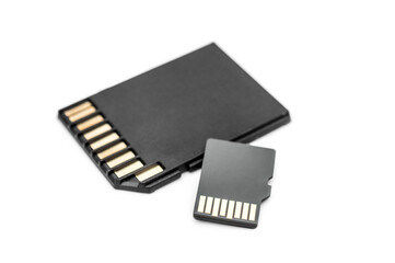 SD memory card with microSD card on white background.