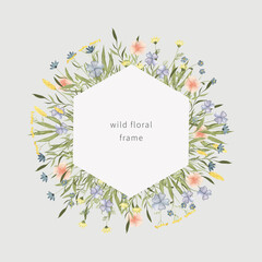 Watercolor widflowers frame. Hand drawn summer botanical illustration for wedding invitation, greeting card, postcard, logo and other.
