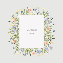 Watercolor widflowers rectangle frame. Hand drawn summer botanical illustration for wedding invitation, greeting card, postcard, logo and other.