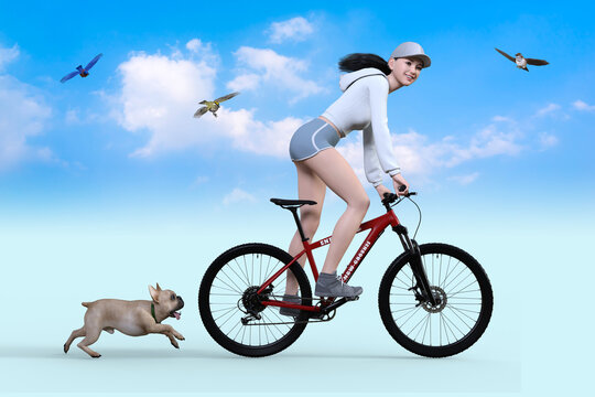 小鳥とすずめとフレンチドッグと楽しそうに並走するマウンテンバイクを漕ぐ笑顔の女性