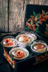 bread roll pork bologna on wooden Background