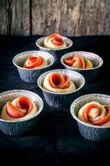 bread roll pork bologna on wooden Background