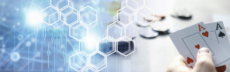 Gambling Card games for money. Texas Hold'em Poker. Cards in hand, playing chips, a deck of cards of alcohol in a glass.