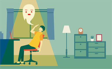 デスクワークでの疲労により魂が抜けている男性　人物フラットイラスト　部屋