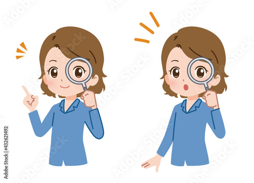 虫眼鏡で調べる女性のイラスト Poster Posters Amirian