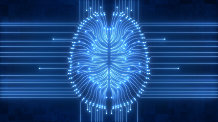 Wired up computer circuitry brain - glowing blue digital artificial intelligence - 432621869
