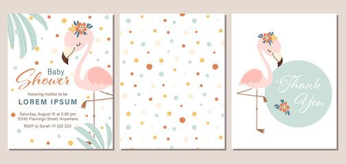 Set of baby shower invite, thank you card, and pattern with cute cartoon flamingo. Baby shower invitation template  set for summer. Vector illustration.