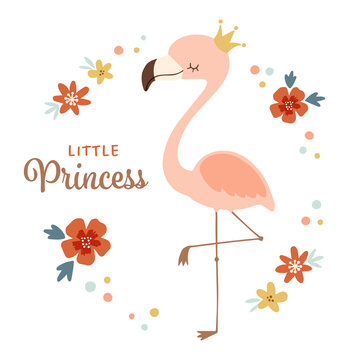 Cute flamingo princess character on white background. Cartoon style whimsical flamingo with gold crown. For kids birthday card, nursery wall art, poster, apparel, etc.