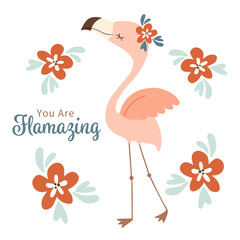 Cute flamingo character on white background. Dancing female pink flamingo in cartoon style. You are Flamazing. For kids birthday card, nursery wall art, poster, apparel, etc. © Torico