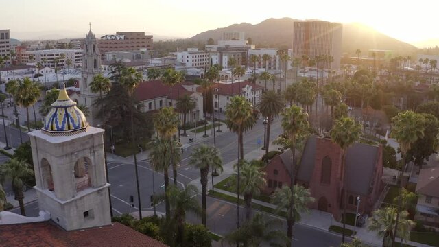 Aerial sunset view of the downtown area of Riverside, California.