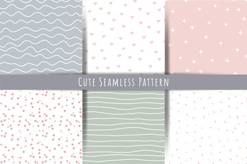A set of simple minimalistic summer, spring seamless patterns. Gentle hand draw ornaments with lines, drops, hearts, shapes for prints, wallpapers, textiles. Vector graphics.