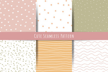 A set of simple minimalistic summer, spring seamless patterns. Gentle ornaments with lines, drops, hearts, shapes for prints, wallpapers, textiles. seamless geometric backgrounds.