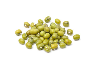 Pile of Mung bean (Vigna radiata) seeds on white background.
