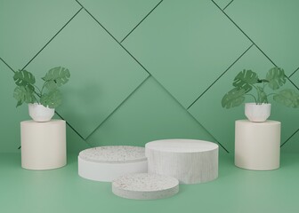 3d rendering Green pastel display podium product stand on background. Leaves plant palm summer