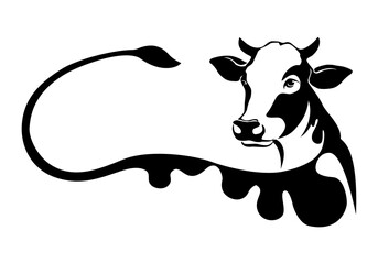 Cow, farm animal line icon.Black silhouette cow isolated on white. Hand drawn vector illustration.