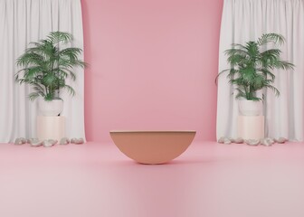 3d rendering Pink pastel display podium product stand on background. Leaves plant palm summer